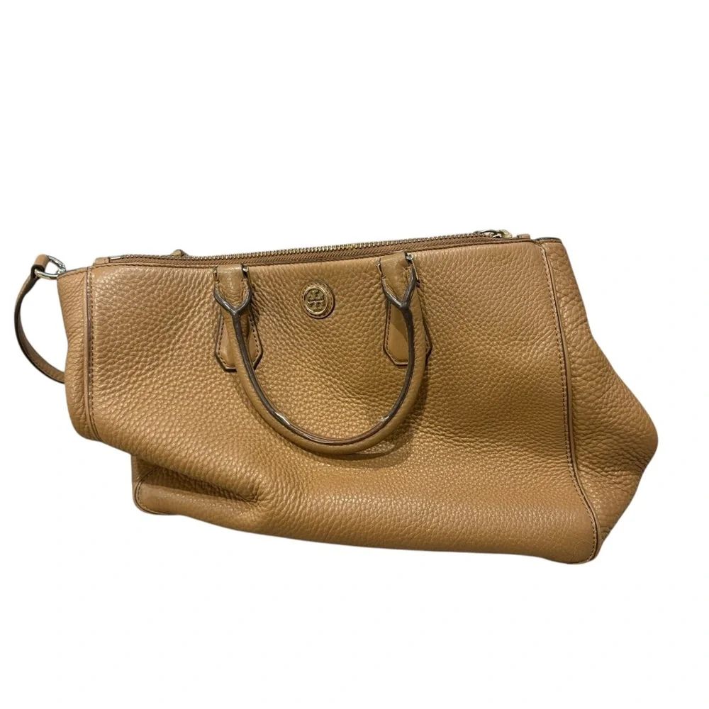 TORY BURCH Robinson Pebbled Leather Tote Bag Satchel Tan